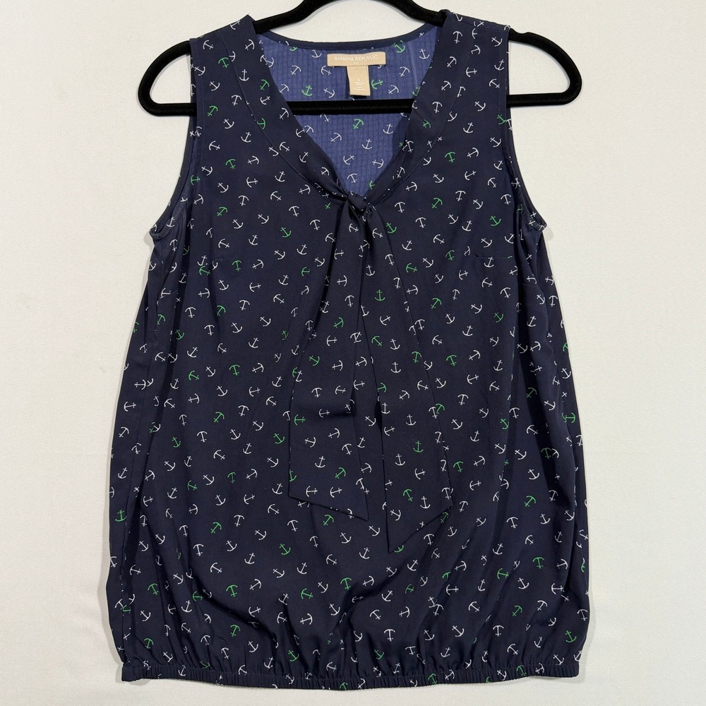 Banana Republic Womens Tank Top Size S Navy Anchor Print Tie Neck Preppy Retro
